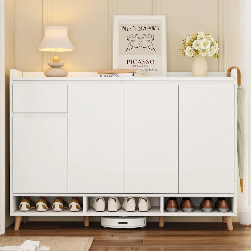 Shoe Cabinet with Adjustable Shelves, Minimalist Home Organizer with Solid Wood Legs,Storage Sideboard