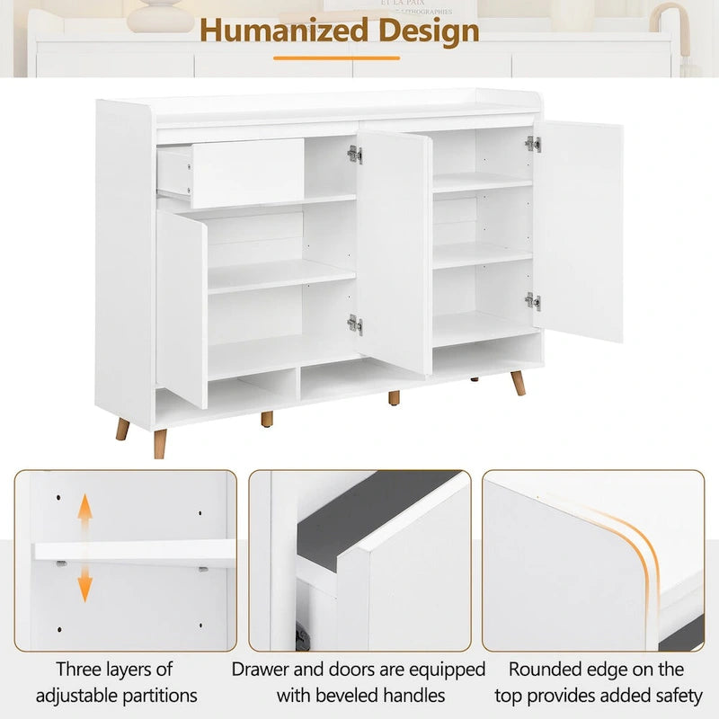 Shoe Cabinet with Adjustable Shelves, Minimalist Home Organizer with Solid Wood Legs,Storage Sideboard