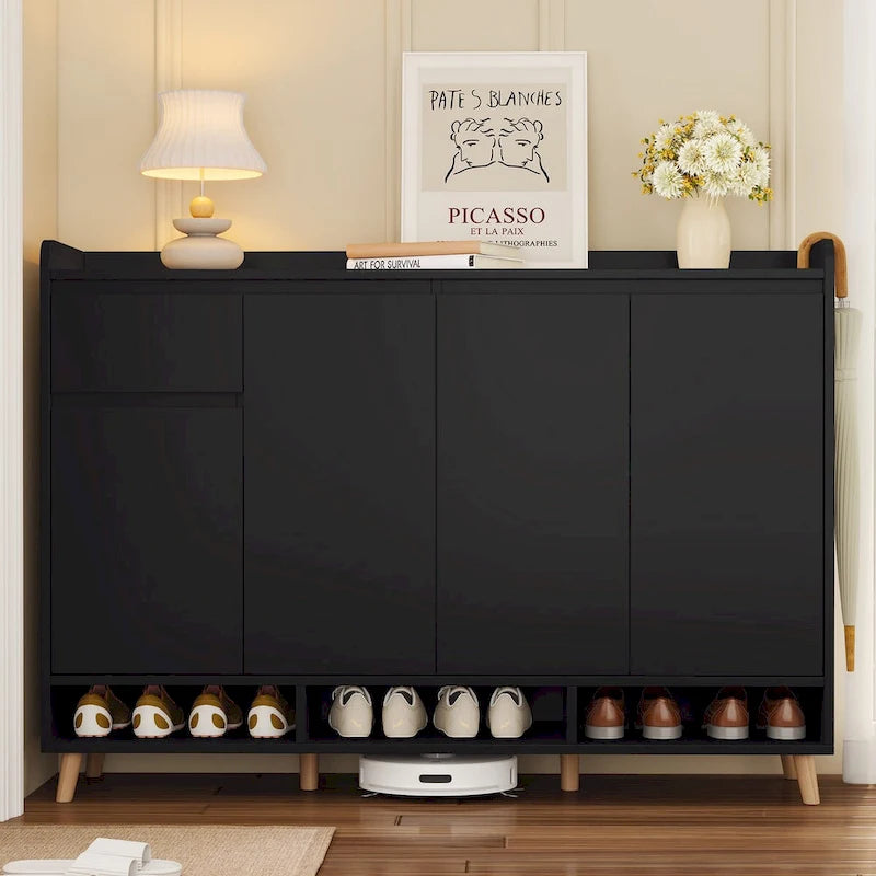 Shoe Cabinet with Adjustable Shelves, Minimalist Home Organizer with Solid Wood Legs,Storage Sideboard