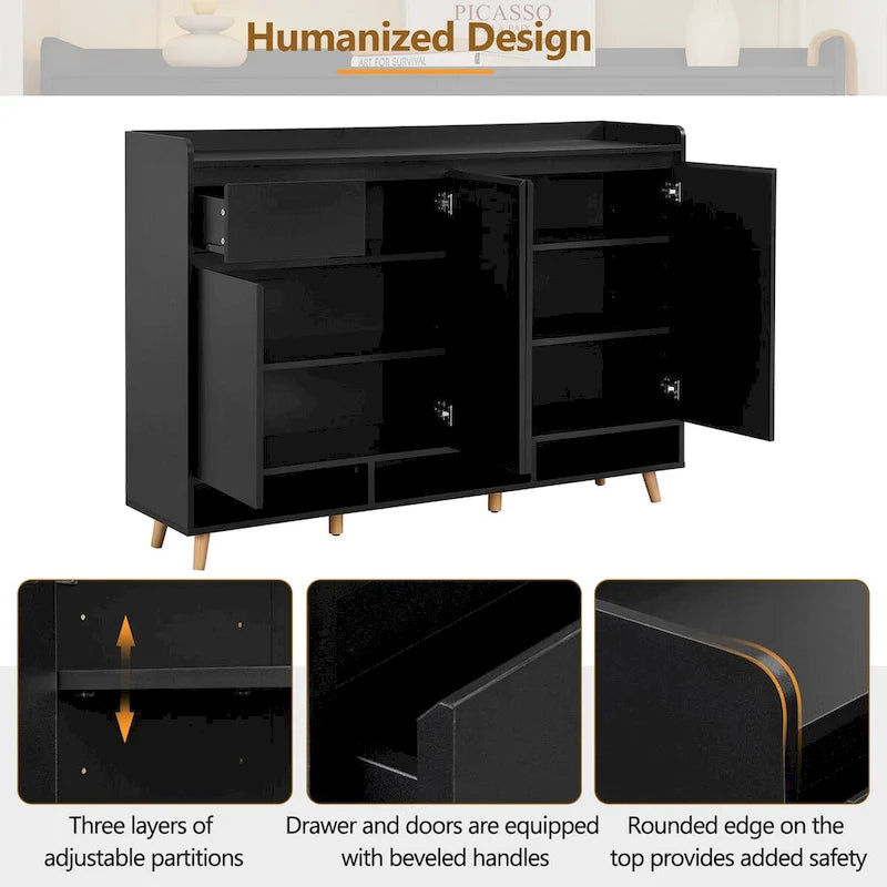 Shoe Cabinet with Adjustable Shelves, Minimalist Home Organizer with Solid Wood Legs,Storage Sideboard