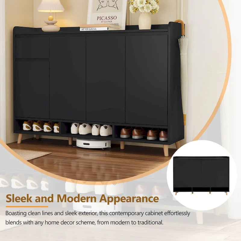 Shoe Cabinet with Adjustable Shelves, Minimalist Home Organizer with Solid Wood Legs,Storage Sideboard