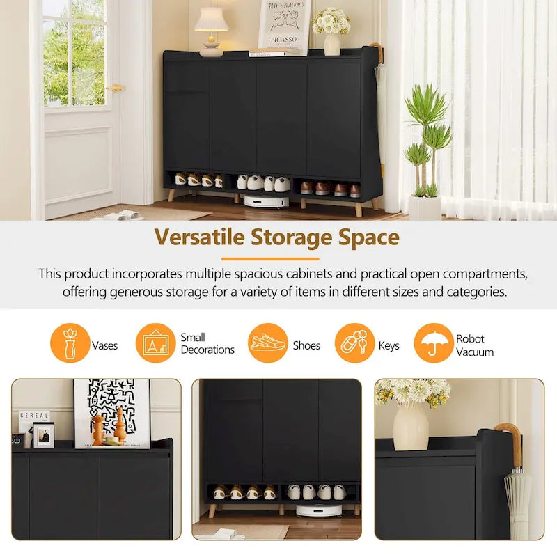 Shoe Cabinet with Adjustable Shelves, Minimalist Home Organizer with Solid Wood Legs,Storage Sideboard