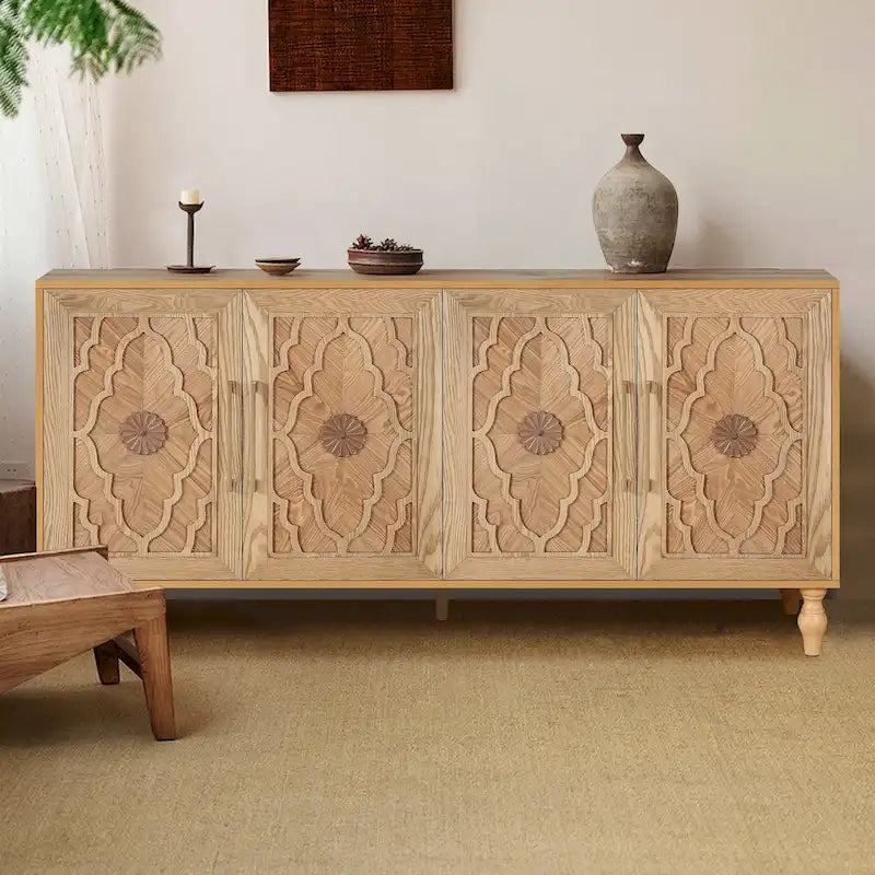 Carved Flower Door Cabinet With Metal Handle