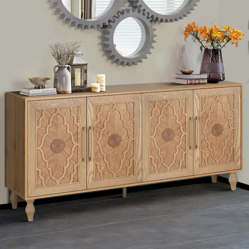 Carved Flower Door Cabinet With Metal Handle
