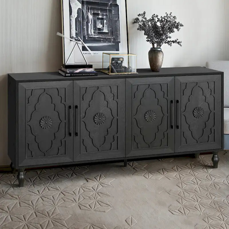 Carved Flower Door Cabinet With Metal Handle