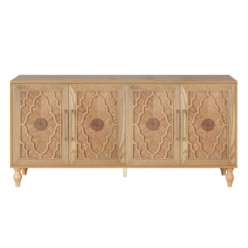 Carved Flower Door Cabinet With Metal Handle