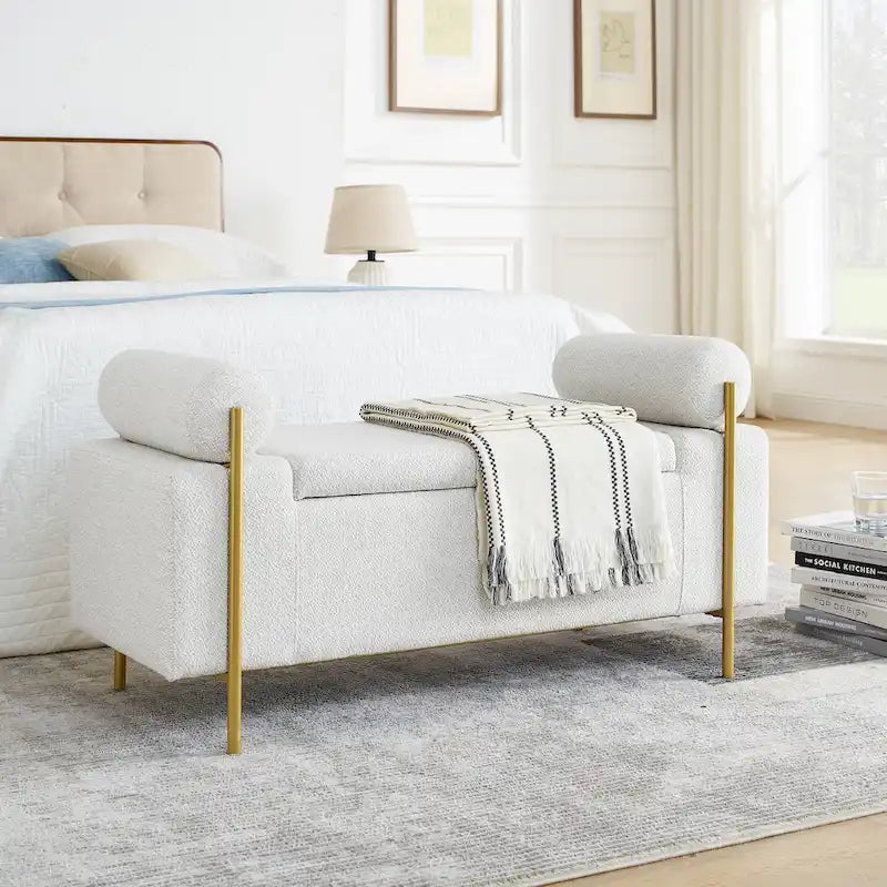Elegant Upholstered Storage Bench with Cylindrical Arms and Iron Legs