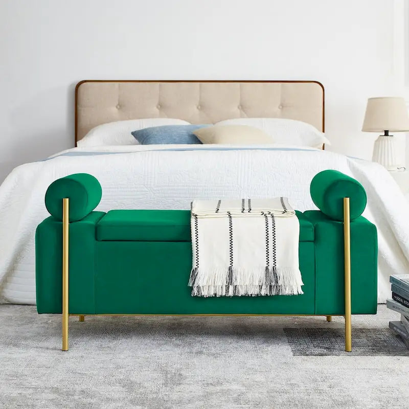 Elegant Upholstered Storage Bench with Cylindrical Arms and Iron Legs
