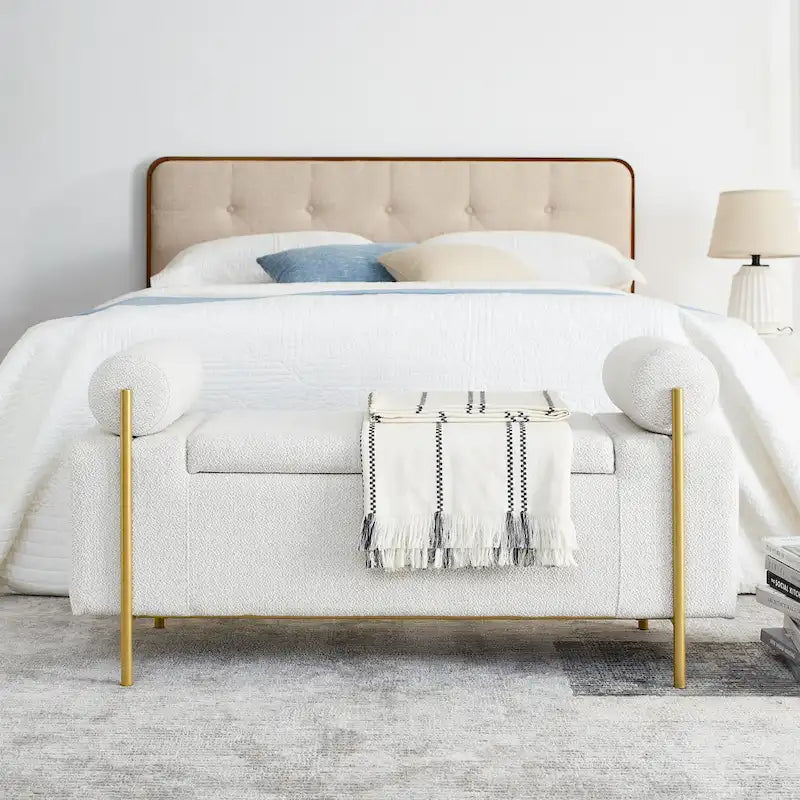 Elegant Upholstered Storage Bench with Cylindrical Arms and Iron Legs