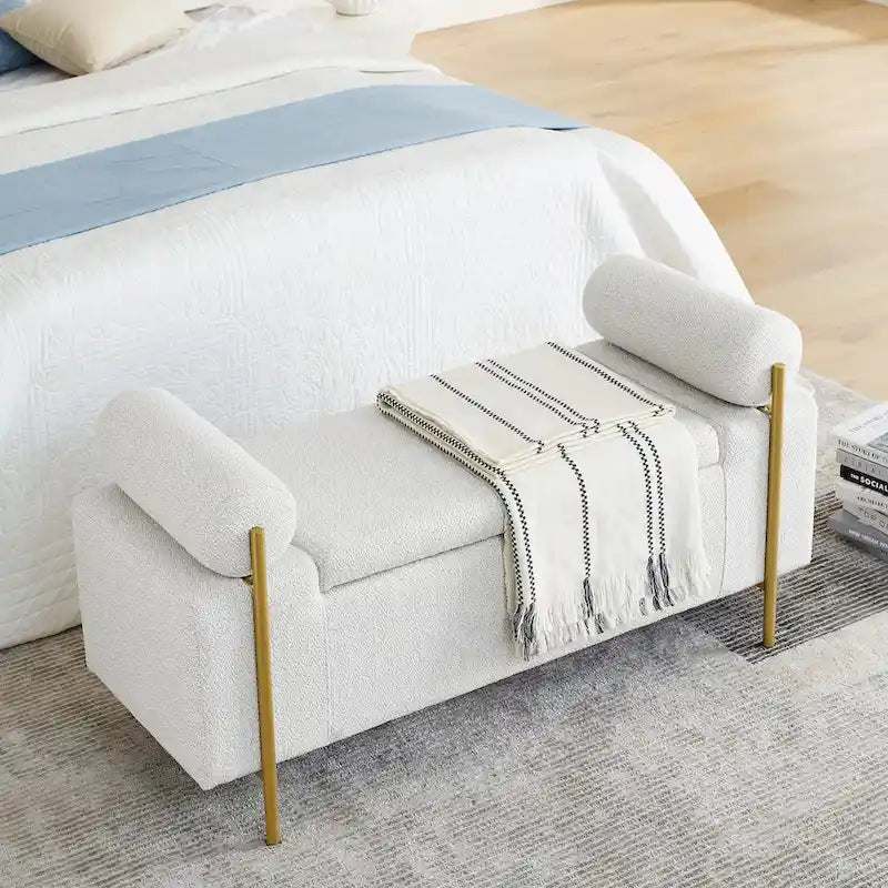 Elegant Upholstered Storage Bench with Cylindrical Arms and Iron Legs