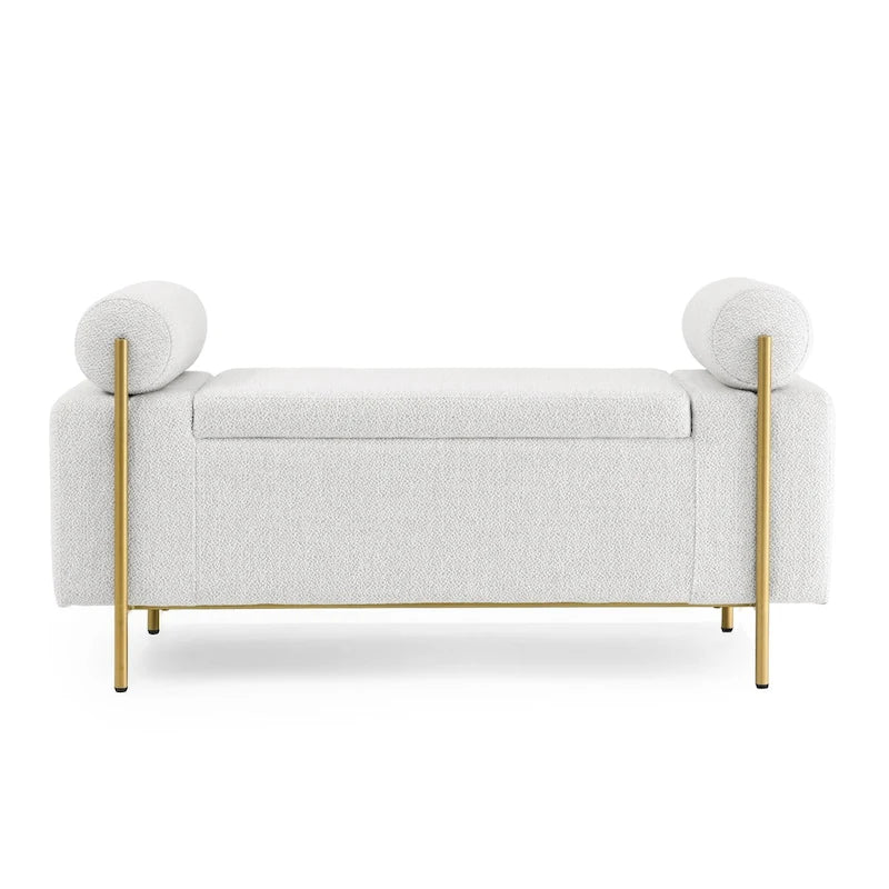 Elegant Upholstered Storage Bench with Cylindrical Arms and Iron Legs
