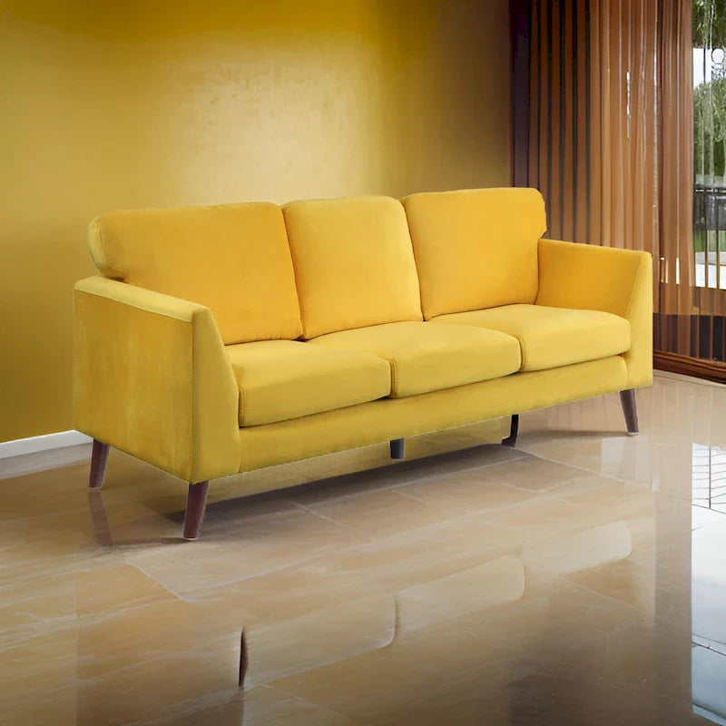 Bard 81 Inch Sofa, Yellow Velvet, Reversible Cushions, Dark Brown Wood