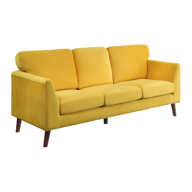 Yellow Velvet Upholstered Sofa with Reversible Cushions and Dark Brown Wood Legs