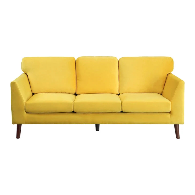 Yellow Velvet Upholstered Sofa with Reversible Cushions and Dark Brown Wood Legs