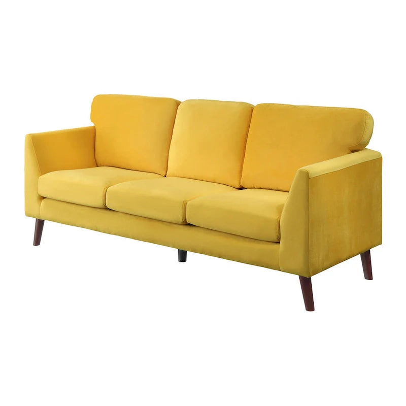 Yellow Velvet Upholstered Sofa with Reversible Cushions and Dark Brown Wood Legs
