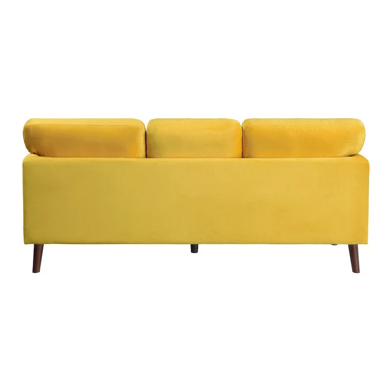 Yellow Velvet Upholstered Sofa with Reversible Cushions and Dark Brown Wood Legs