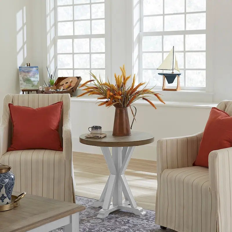 White Round End Table with Gray Top for Living Room