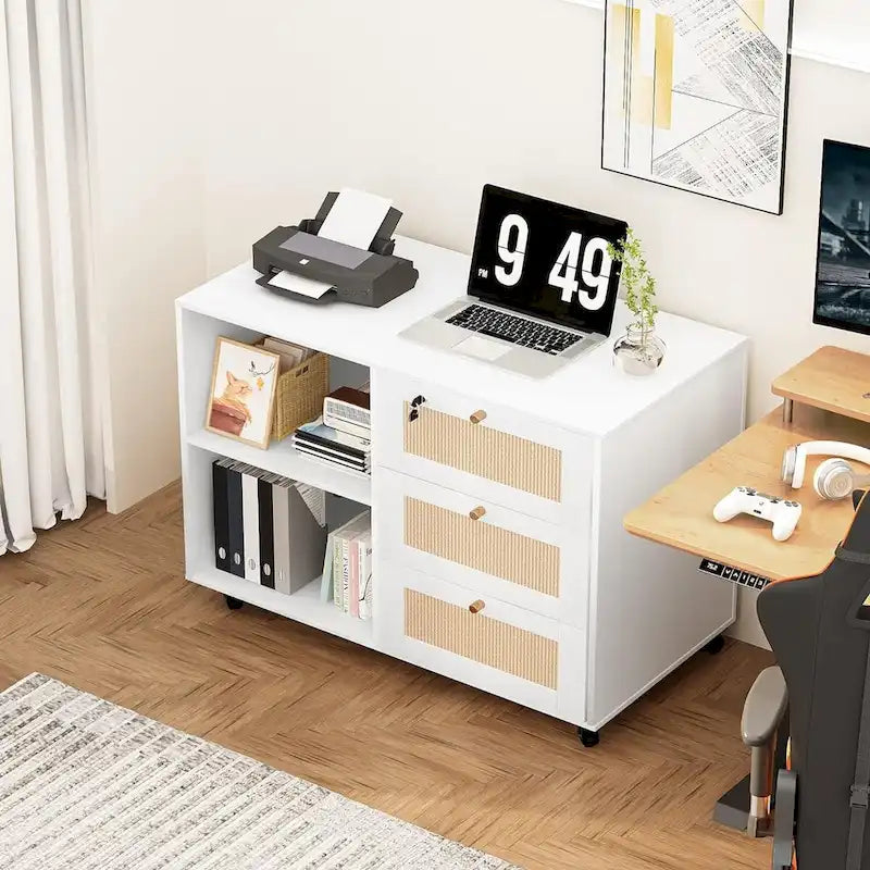 Filing Cabinet with Drawers and Lock, Storage Cabinet Mobile Lateral Filing Cabinet for Home Office with Open Storage Shelves