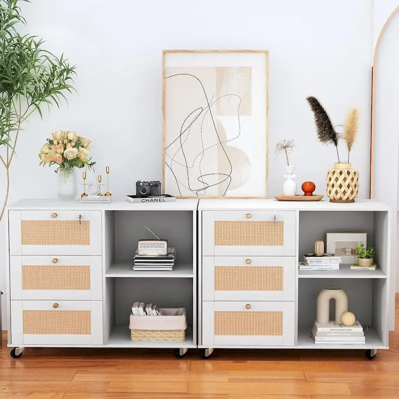 Filing Cabinet with Drawers and Lock, Storage Cabinet Mobile Lateral Filing Cabinet for Home Office with Open Storage Shelves