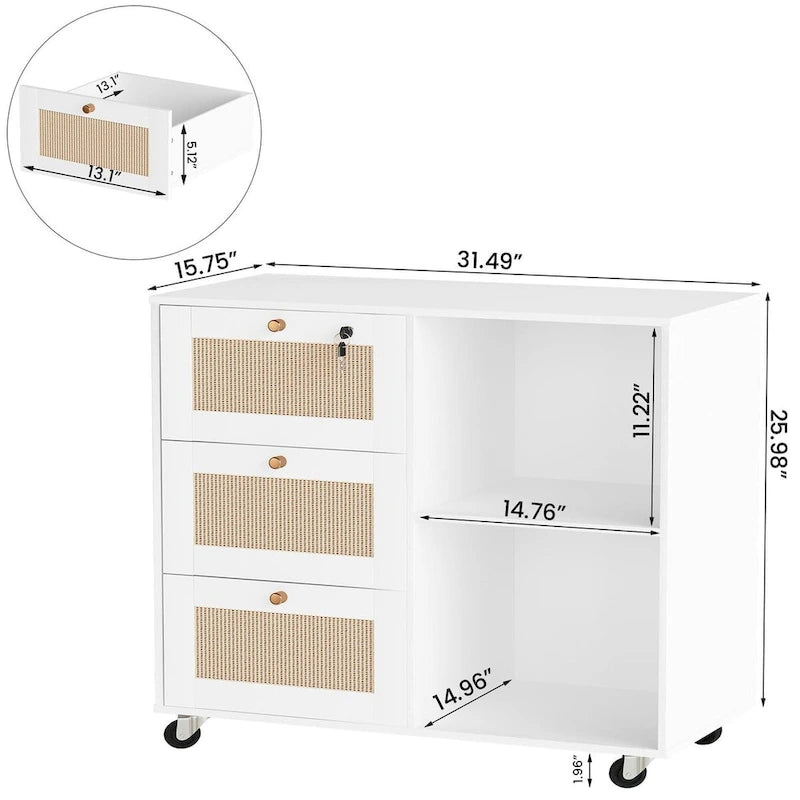 Filing Cabinet with Drawers and Lock, Storage Cabinet Mobile Lateral Filing Cabinet for Home Office with Open Storage Shelves