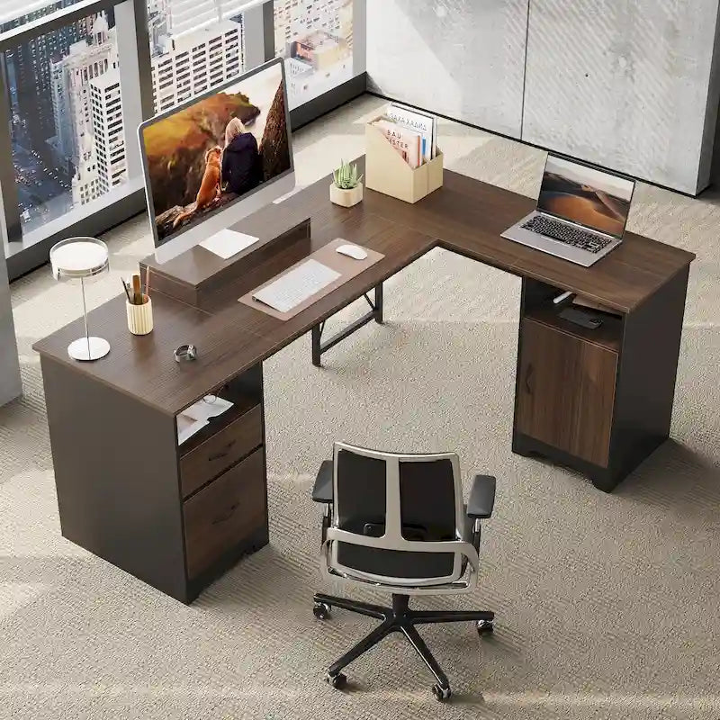 63 L-Shaped Desk with Storage and Monitor Stand