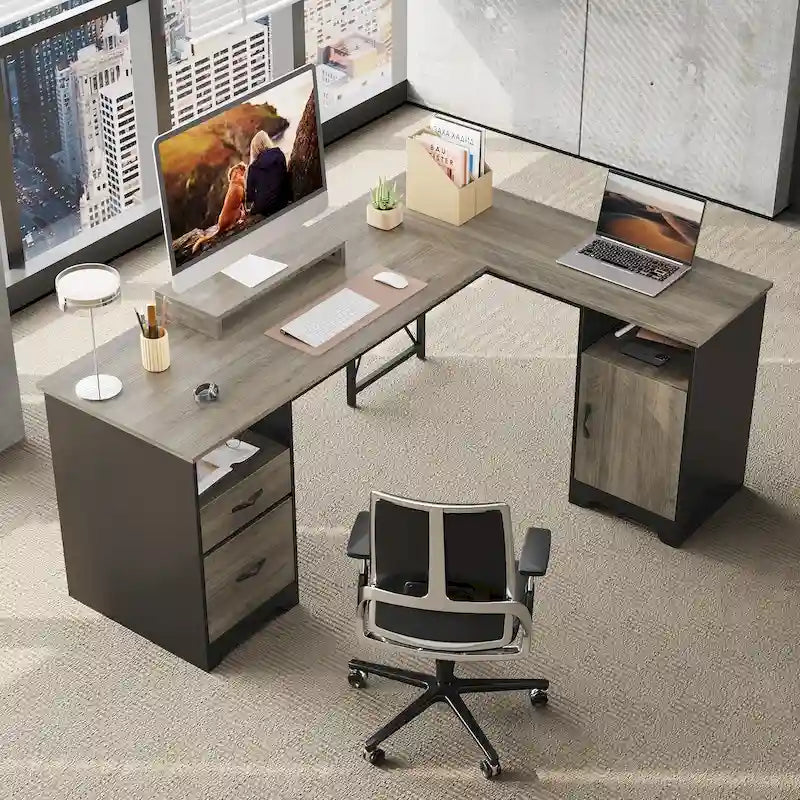 63 L-Shaped Desk with Storage and Monitor Stand