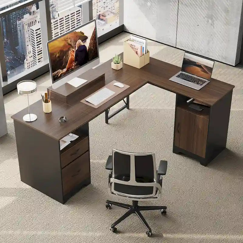 63 L-Shaped Desk with Storage and Monitor Stand