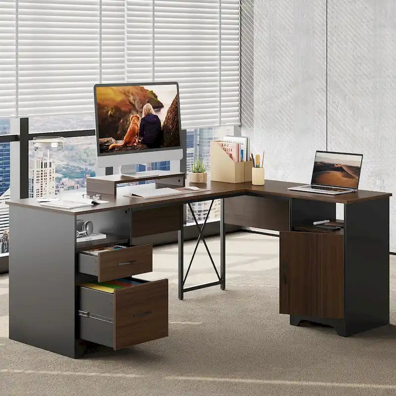 63 L-Shaped Desk with Storage and Monitor Stand