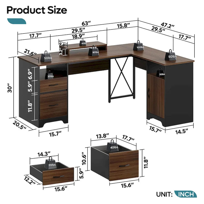 63 L-Shaped Desk with Storage and Monitor Stand