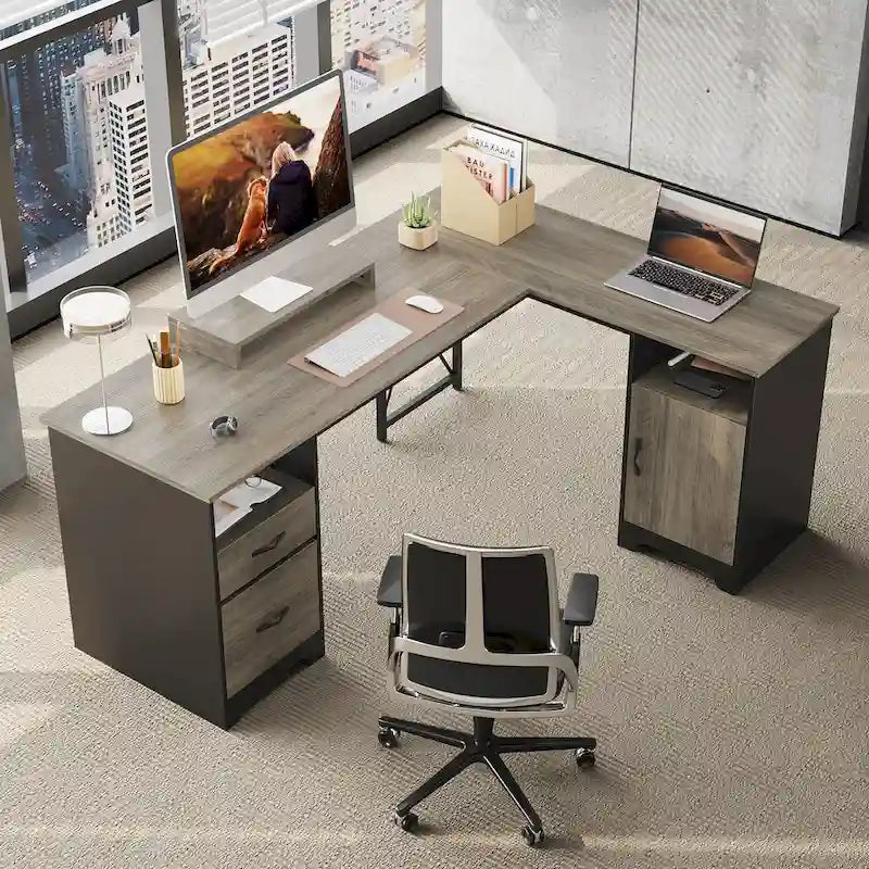 63 L-Shaped Desk with Storage and Monitor Stand