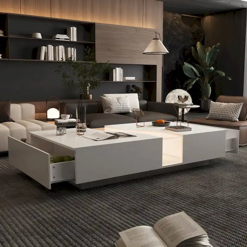 White Coffee Table with 2 Drawers, Tempered Glass Top and LED Lighting
