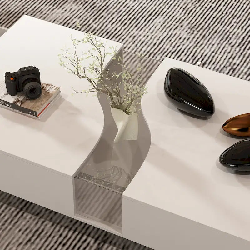 White Coffee Table with 2 Drawers, Tempered Glass Top and LED Lighting