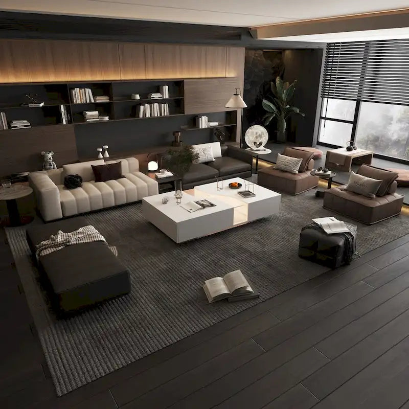 White Coffee Table with 2 Drawers, Tempered Glass Top and LED Lighting