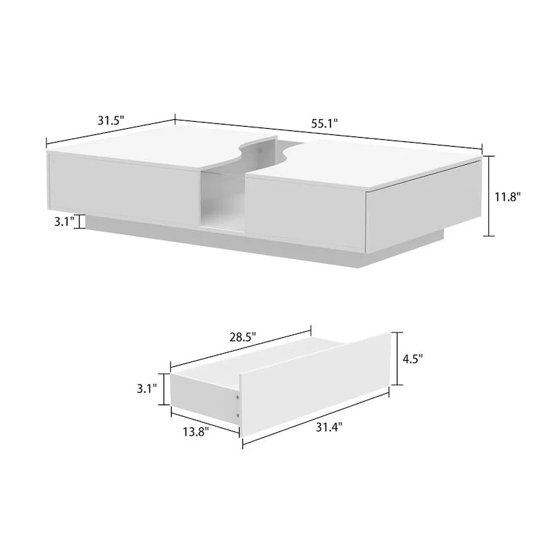 White Coffee Table with 2 Drawers, Tempered Glass Top and LED Lighting