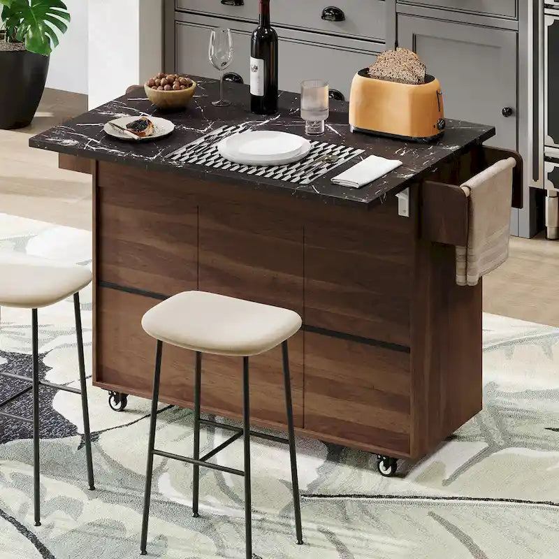 51 in. W Rolling Kitchen Island Cart with Drop Leaf and Tilt-out Trash Can