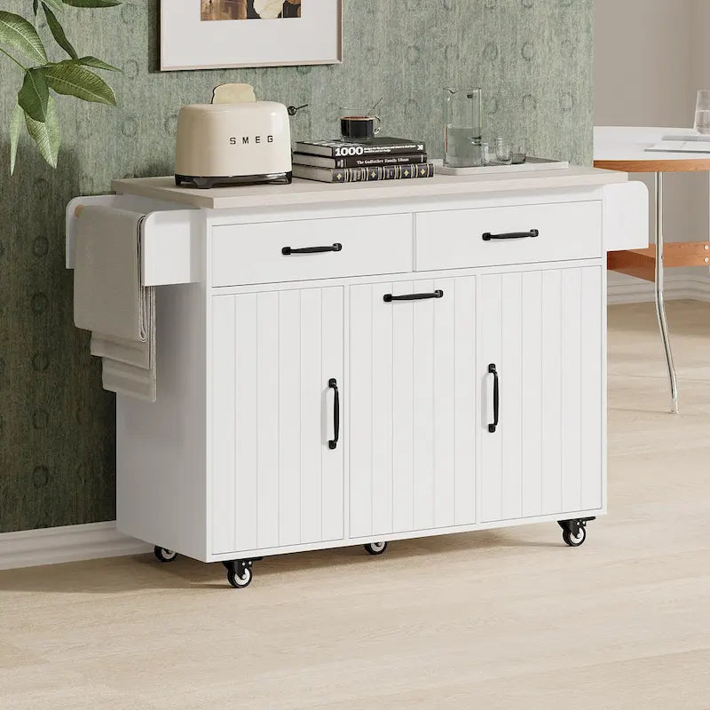 51 in. W Rolling Kitchen Island Cart with Drop Leaf and Tilt-out Trash Can
