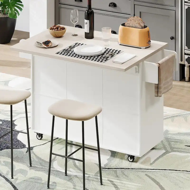 51 in. W Rolling Kitchen Island Cart with Drop Leaf and Tilt-out Trash Can