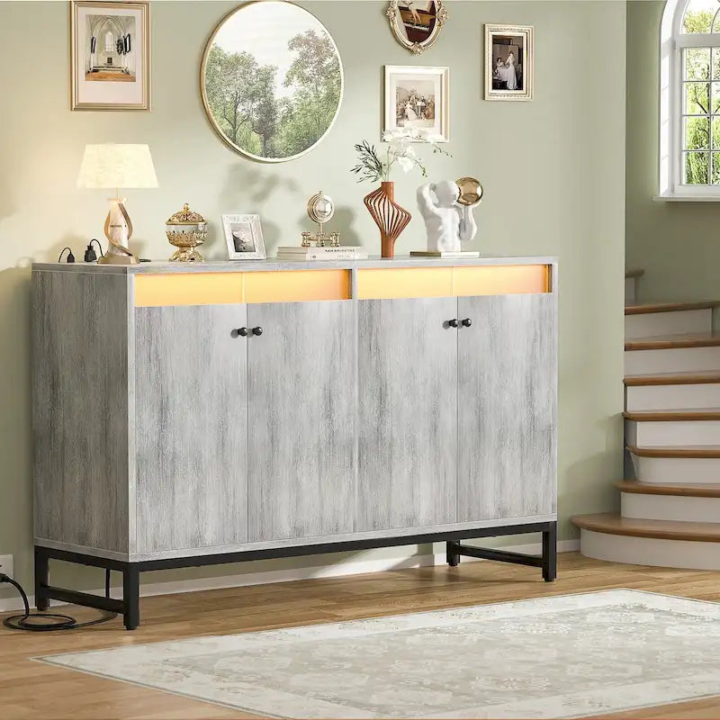 4 Doors Accent Cabinet with Power Outlet, Buffet Cabinet Storage Bar Cabinet with LED Light