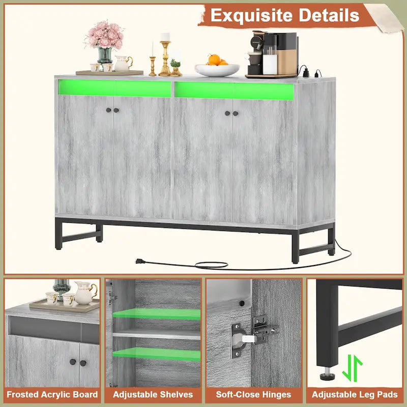 4 Doors Accent Cabinet with Power Outlet, Buffet Cabinet Storage Bar Cabinet with LED Light
