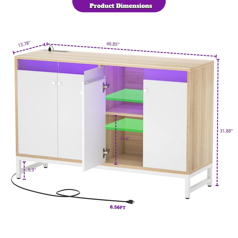 4 Doors Accent Cabinet with Power Outlet, Buffet Cabinet Storage Bar Cabinet with LED Light