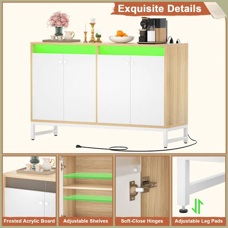 4 Doors Accent Cabinet with Power Outlet, Buffet Cabinet Storage Bar Cabinet with LED Light