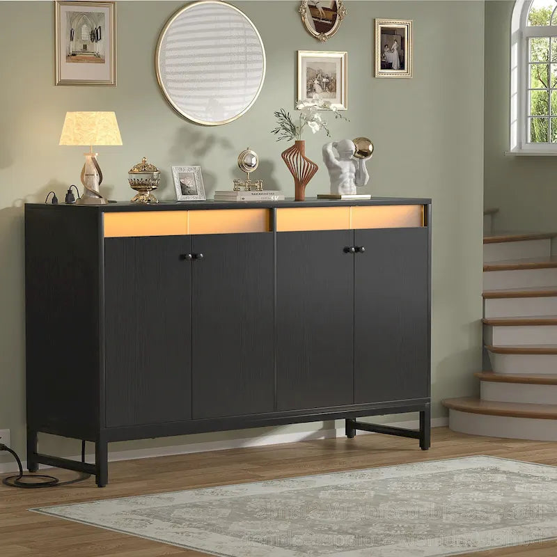 4 Doors Accent Cabinet with Power Outlet, Buffet Cabinet Storage Bar Cabinet with LED Light