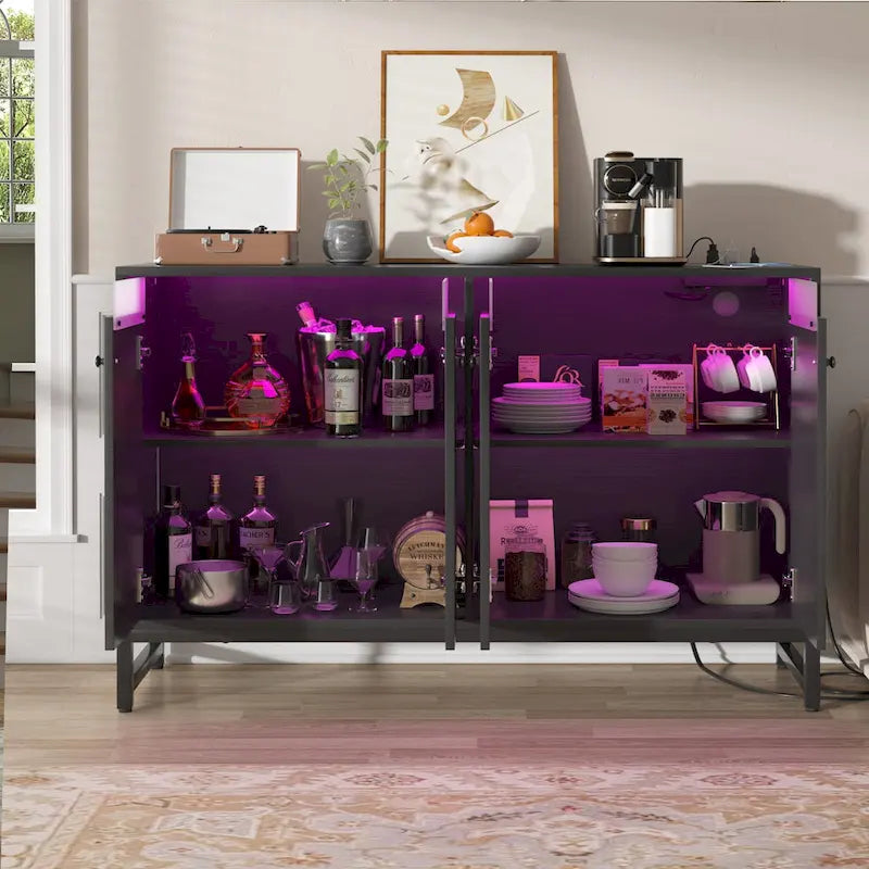 4 Doors Accent Cabinet with Power Outlet, Buffet Cabinet Storage Bar Cabinet with LED Light