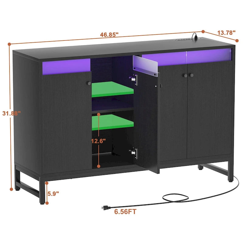 4 Doors Accent Cabinet with Power Outlet, Buffet Cabinet Storage Bar Cabinet with LED Light