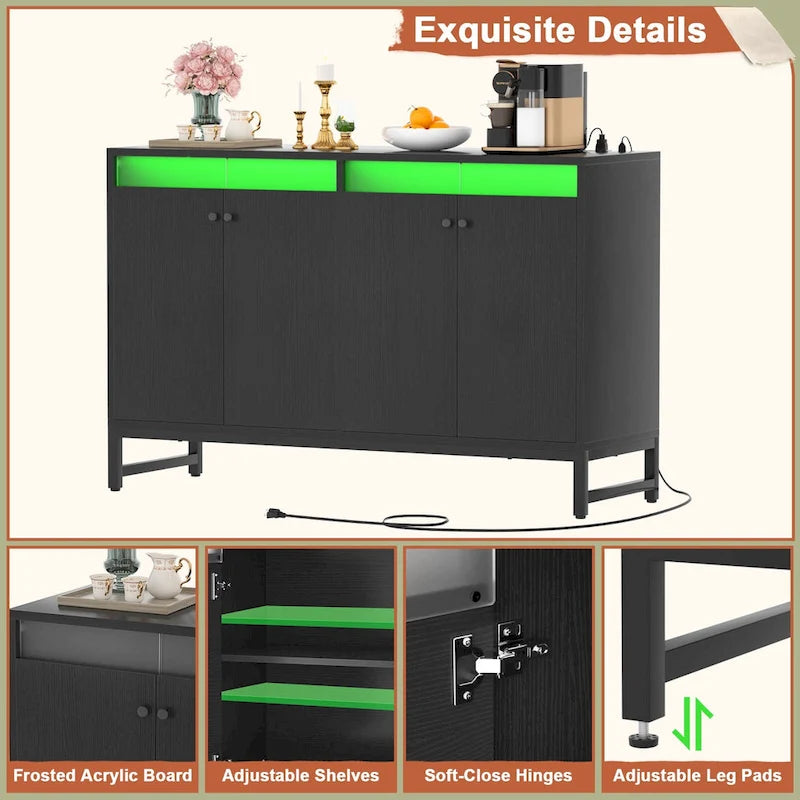 4 Doors Accent Cabinet with Power Outlet, Buffet Cabinet Storage Bar Cabinet with LED Light