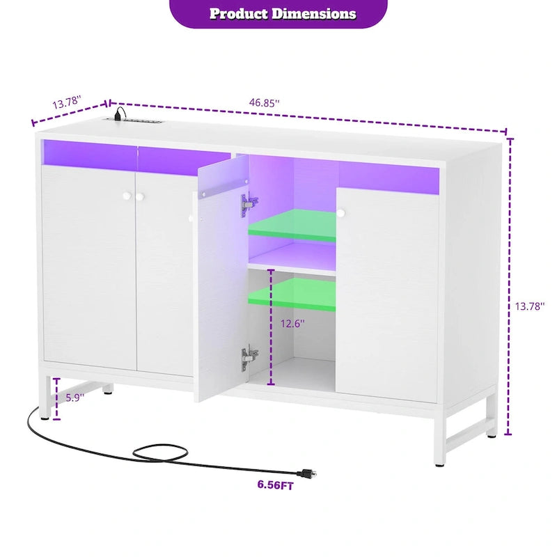 4 Doors Accent Cabinet with Power Outlet, Buffet Cabinet Storage Bar Cabinet with LED Light