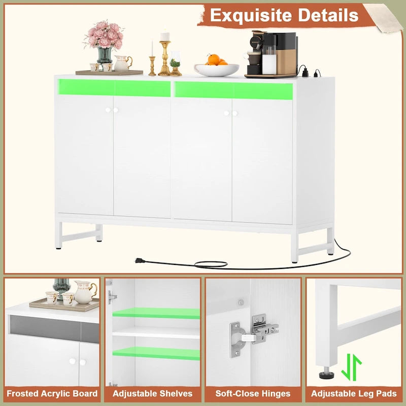 4 Doors Accent Cabinet with Power Outlet, Buffet Cabinet Storage Bar Cabinet with LED Light