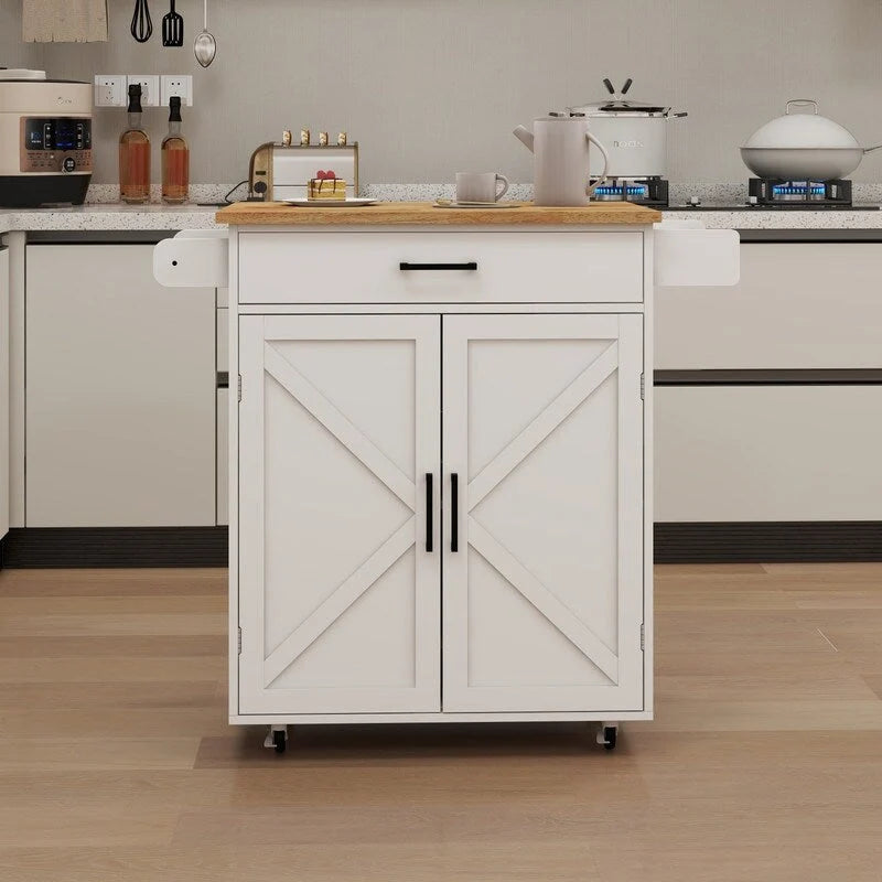 Kitchen Island Rolling Trolley Cart with Adjustable Shelves & Rubber Wood table top