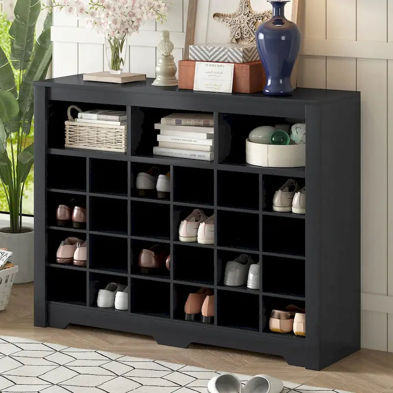 Sleek Design 24 Shoe Cubby Console, Modern Shoe Cabinet with Curved Base, Versatile Sideboard with High-quality for Hallway