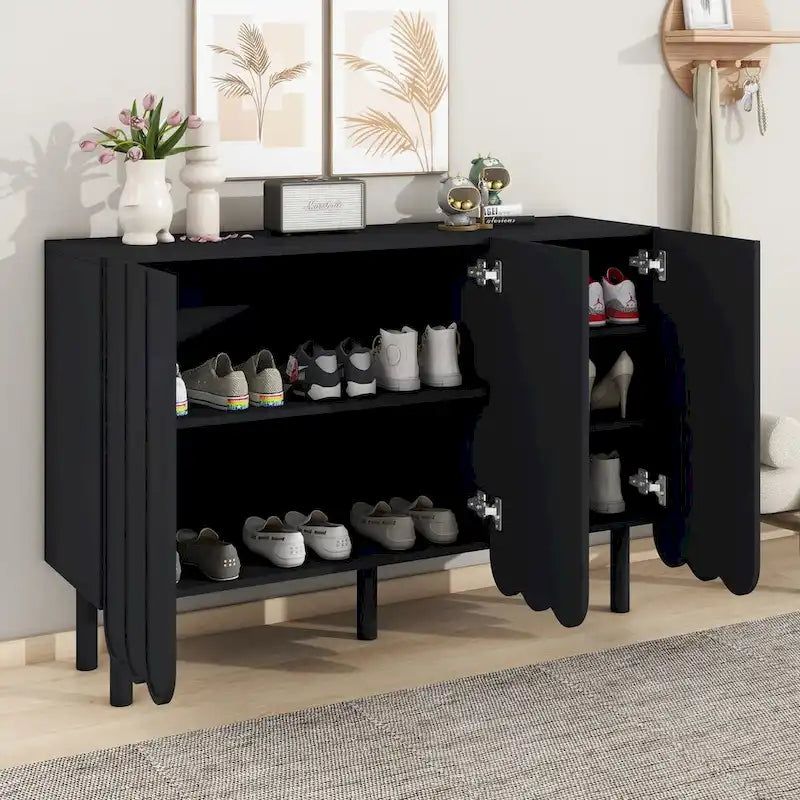 Shoe Cabinet with 5 Solid Wood Legs, Sideboard Buffet Cabinet with Adjustable Shelves, Large Storage Cabinet with Wave Doors